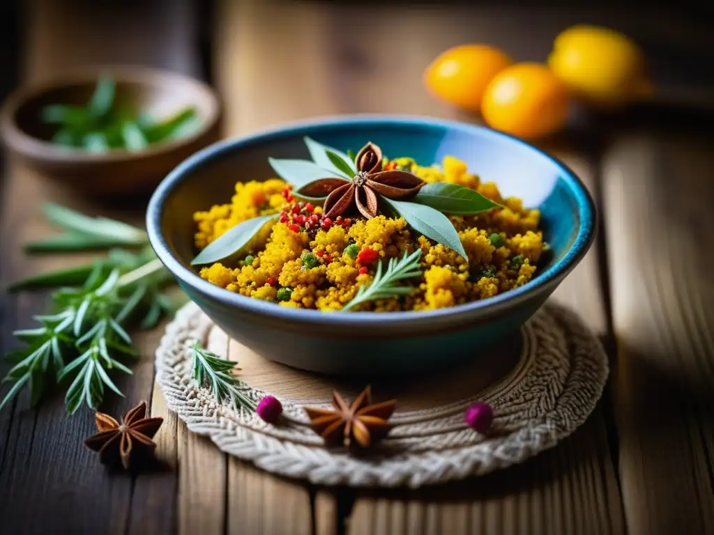 Delicada presentación de un plato bizantino antiguo, con especias y hierbas coloridas