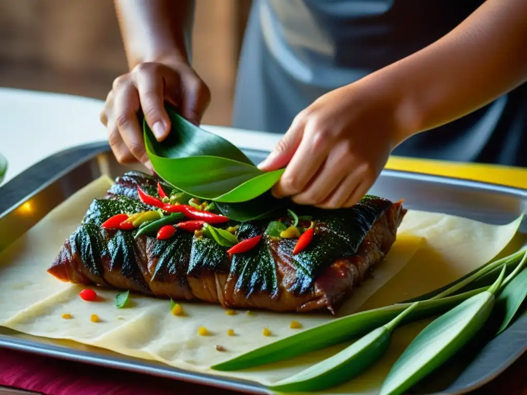 Delicada preparación de mixiotes, con capas de carne, chiles y hierbas en hojas de maguey, bajo luz suave