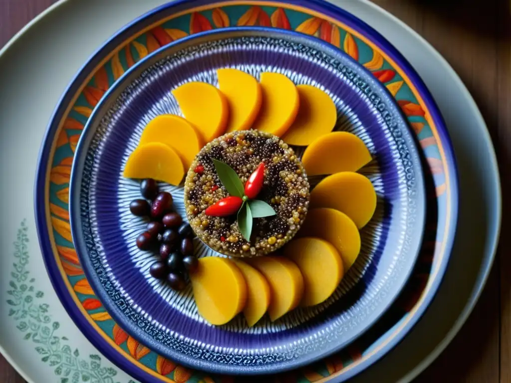 Delicada presentación de una receta histórica de quinua en los Andes, destacando colores y sabores andinos en un plato artesanal