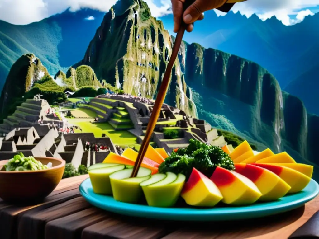 Delicada preparación de Recetas históricas Festival Machu Picchu en Machu Picchu, con colores vibrantes y texturas intrincadas