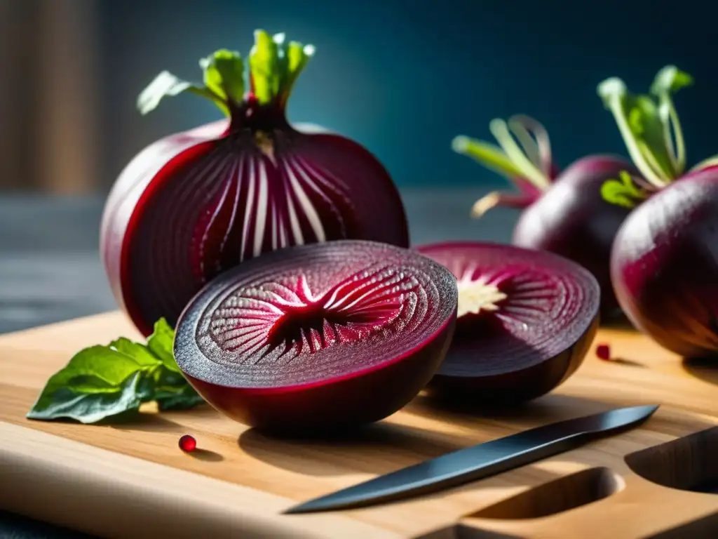 Detalles vibrantes: Remolacha roja en corte fino Delicada remolacha roja recién cortada en tabla de madera, reflejando la esencia de los ingredientes del borsch