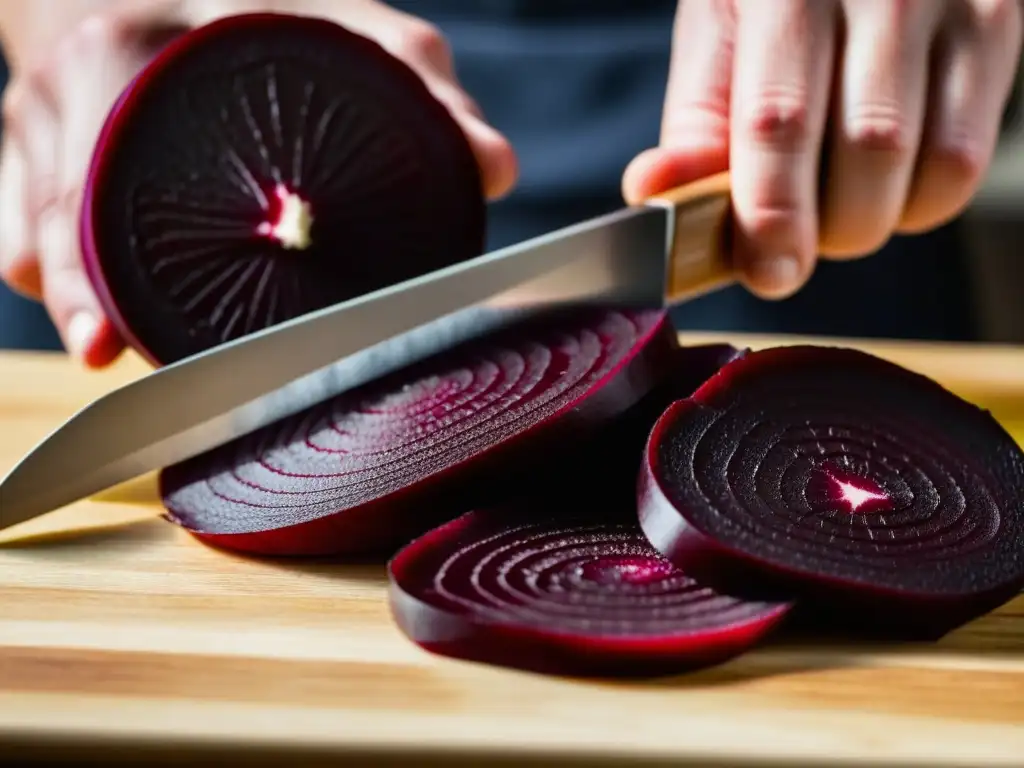Corte de remolacha roja para borsch: detallada y vibrante Delicada rodaja de remolacha roja cortada en tabla de madera, revelando sus patrones y colores profundos
