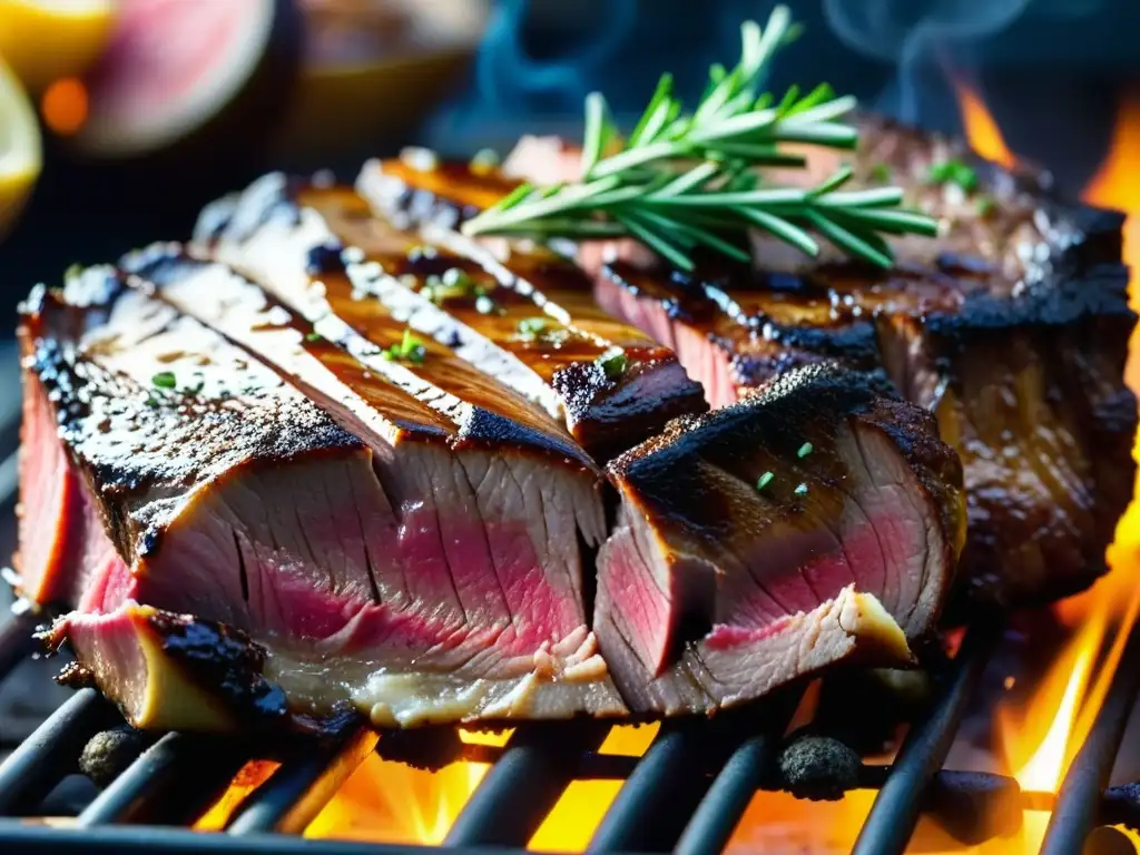 Delicada caramelización en un Rostbraten austrohúngaro en la parrilla, con hierbas y humo, resaltando la historia culinaria