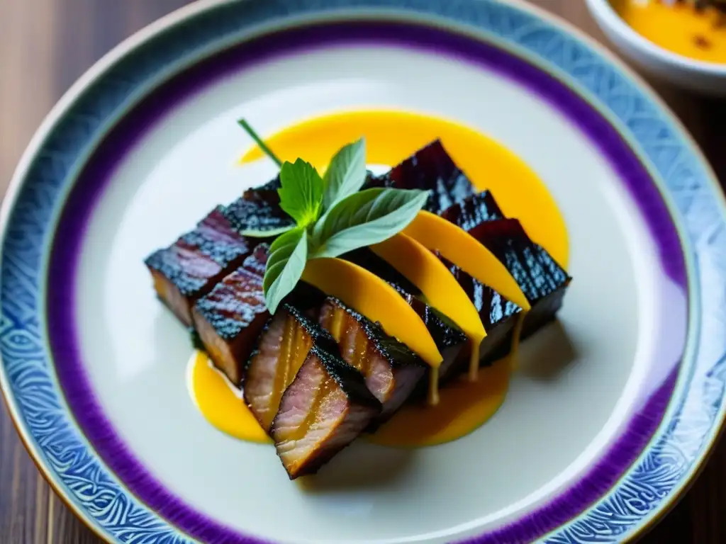 Sabores fusionados: Causa de batata morada Okinawa y cerdo marinado peruano Delicada fusión de sabores: causa de camote morado con cerdo marinado, influencia gastronomía peruana inmigración okinawense