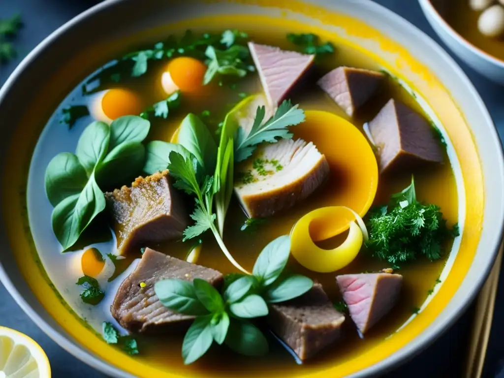 Delicada sopa bizantina con cordero tierno, hierbas fragantes y verduras coloridas sumergidas en un caldo dorado, mostrando capas de ingredientes