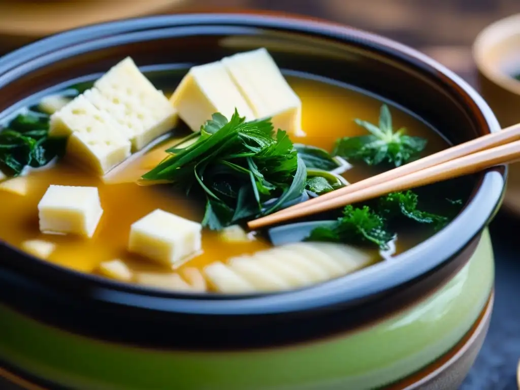 Delicada sopa de miso en olla japonesa con tofu, algas y cebollino