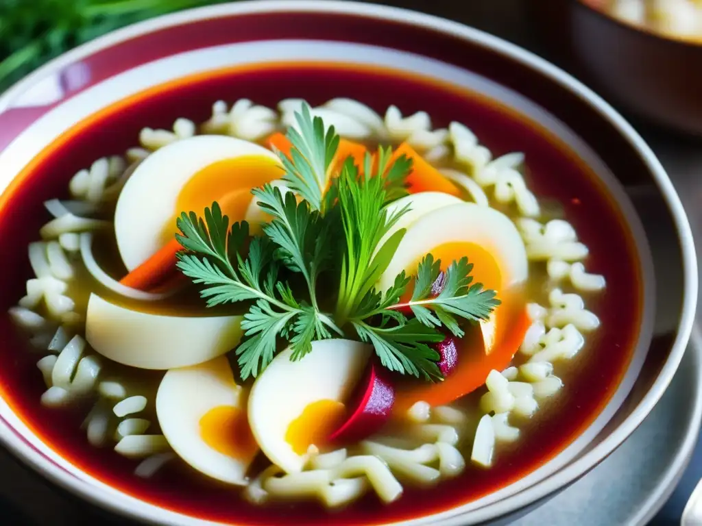 Delicada sopa Borsch rusa con capas de betabel, zanahoria y col, en mesa de los Zares