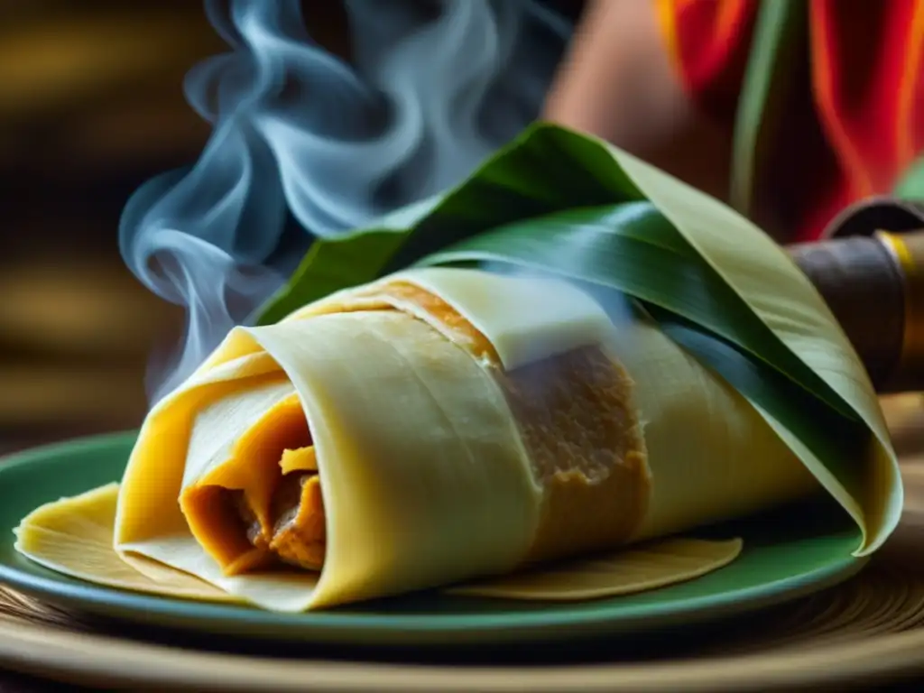 Delicada evolución tamales cocina prehispánica: un tamal caliente se desenvuelve, mostrando capas de masa, relleno y hoja de plátano