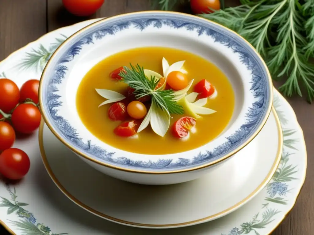 Zuppa di Siena: Delicia renacentista en detalle Delicada Zuppa di Siena en tazón dorado, con caldo de azafrán, tomate y pollo