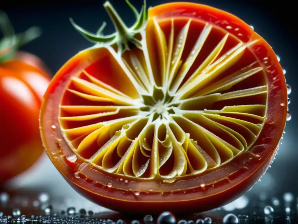 Delicada técnica de conservación de alimentos históricas: tomate rojo siendo rebanado y salado, detalles de semillas y jugo