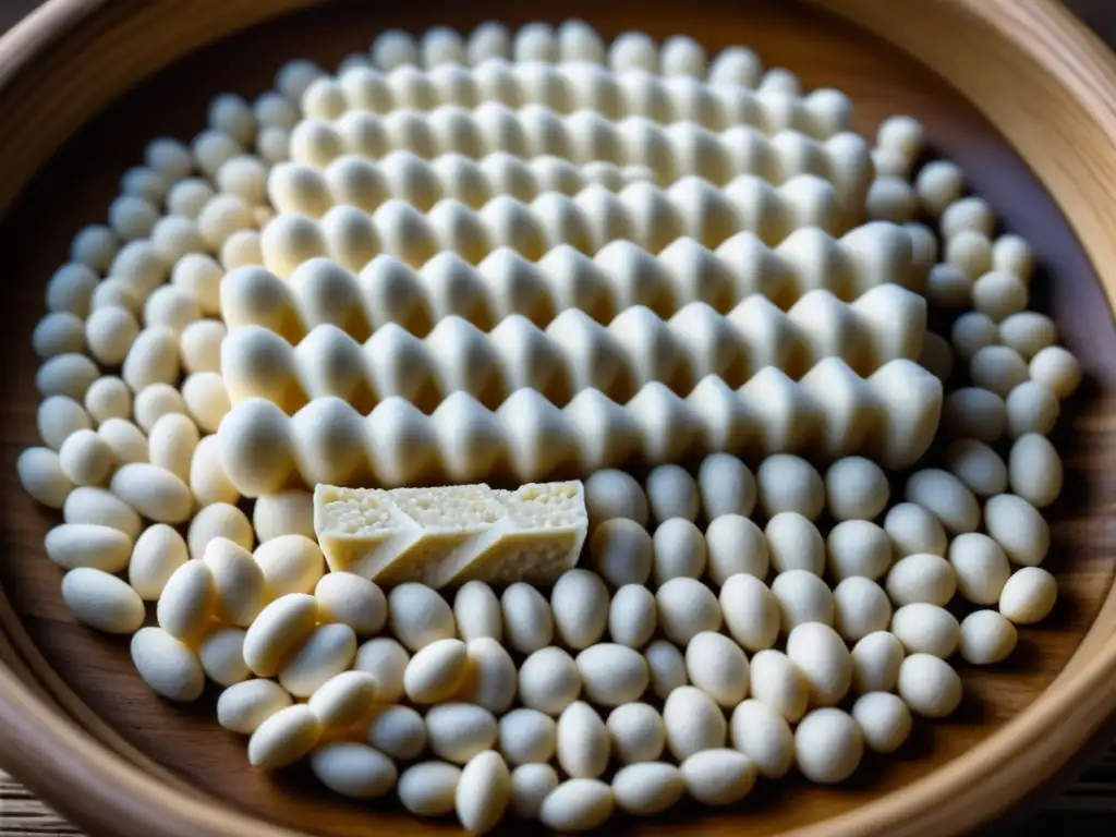 Delicada fermentación de tempeh: red de micelios blancos sobre soja, en un entorno rústico