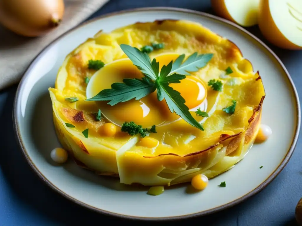 Tortilla Española: Delicia ancestral en detalle Delicada tortilla española en plato rústico, influencia monarquía española cocina