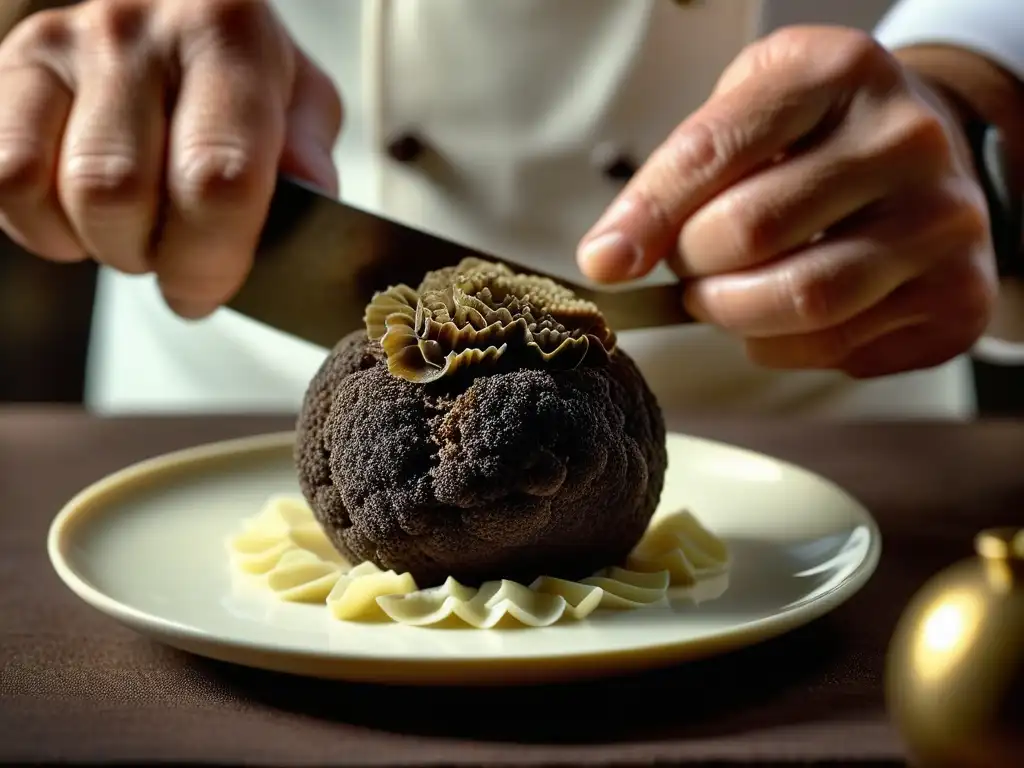 Delicada trufa siendo rallada sobre un plato gourmet, resaltando sus capas y textura terrosa