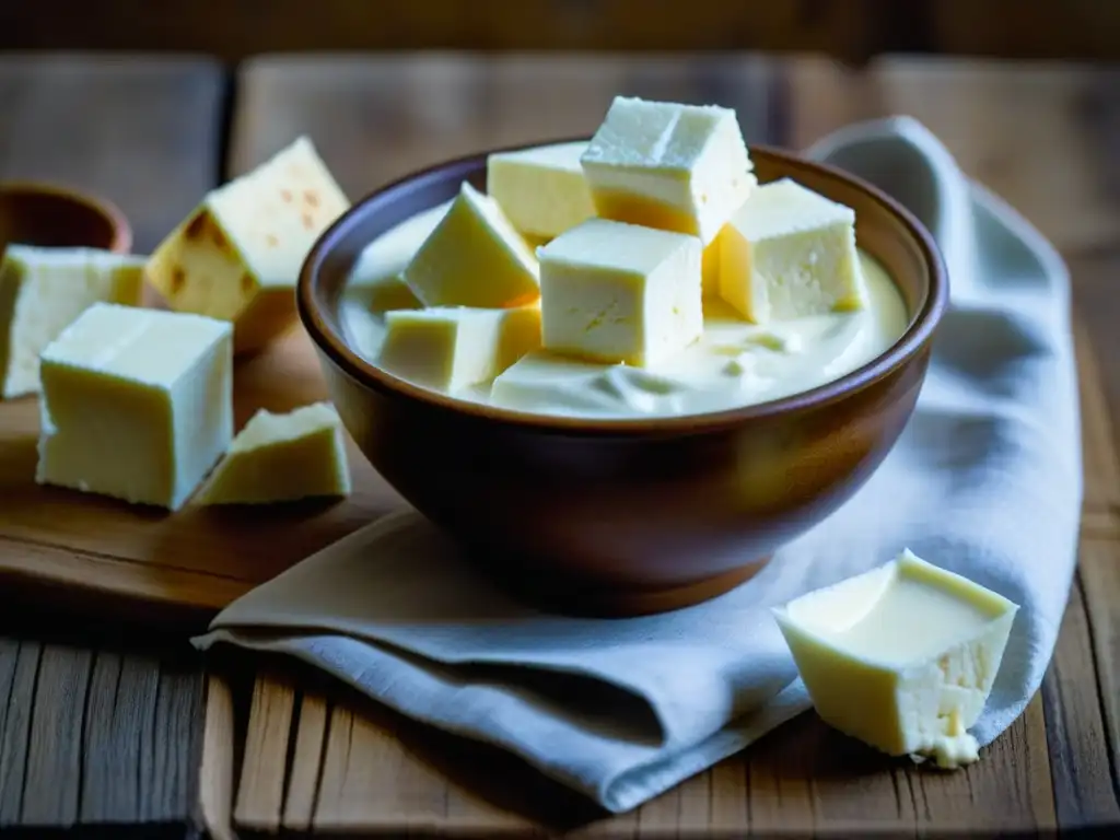 Delicada fermentación de paneer y yogurt en contraste sobre mesa rústica de madera