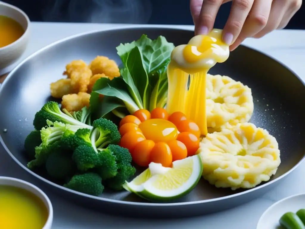 Vegetales frescos sumergidos en tempura: fusión culinaria en detalle Delicadas burbujas envuelven las vibrantes verduras sumergidas en tempura, fusionando tradiciones culinarias