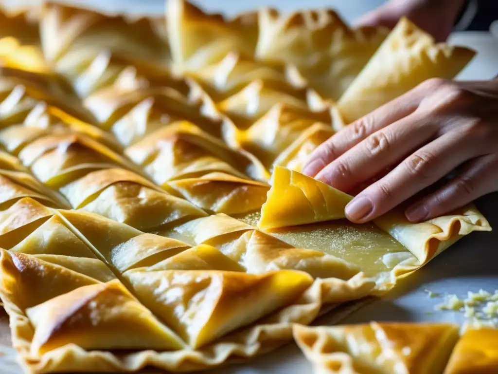 Delicadas capas doradas de hojaldre de baklava siendo pinceladas con mantequilla derretida, resaltando su intrincada textura