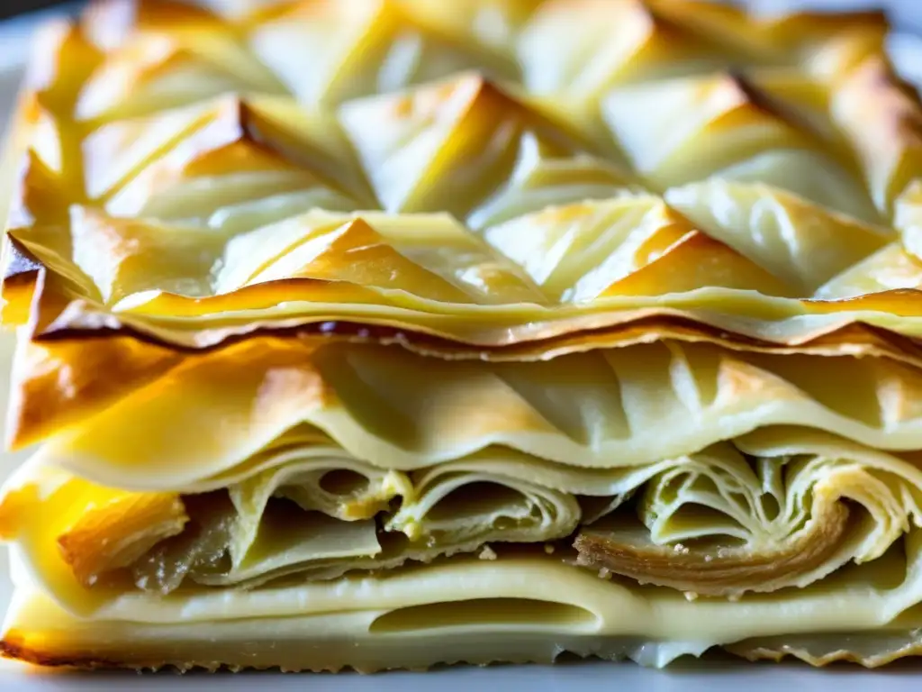 Delicadas capas de masa filo brillantes, apiladas con precisión para crear el baklava turco