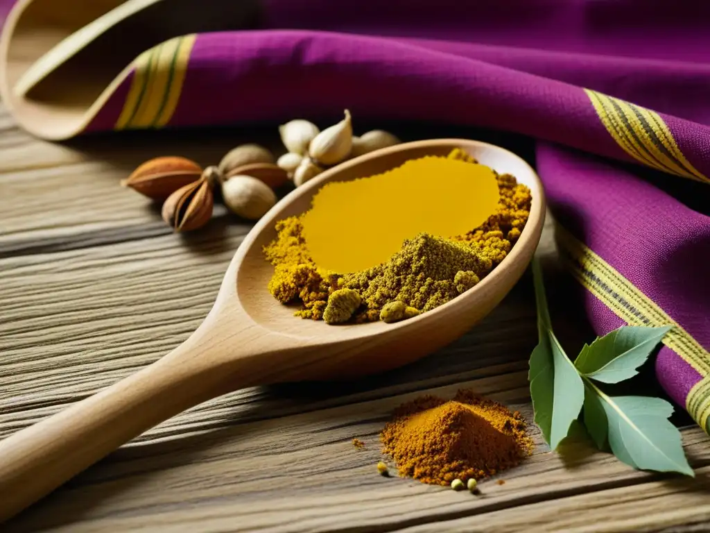 Delicadas especias indias en cuchara de madera sobre tela tradicional