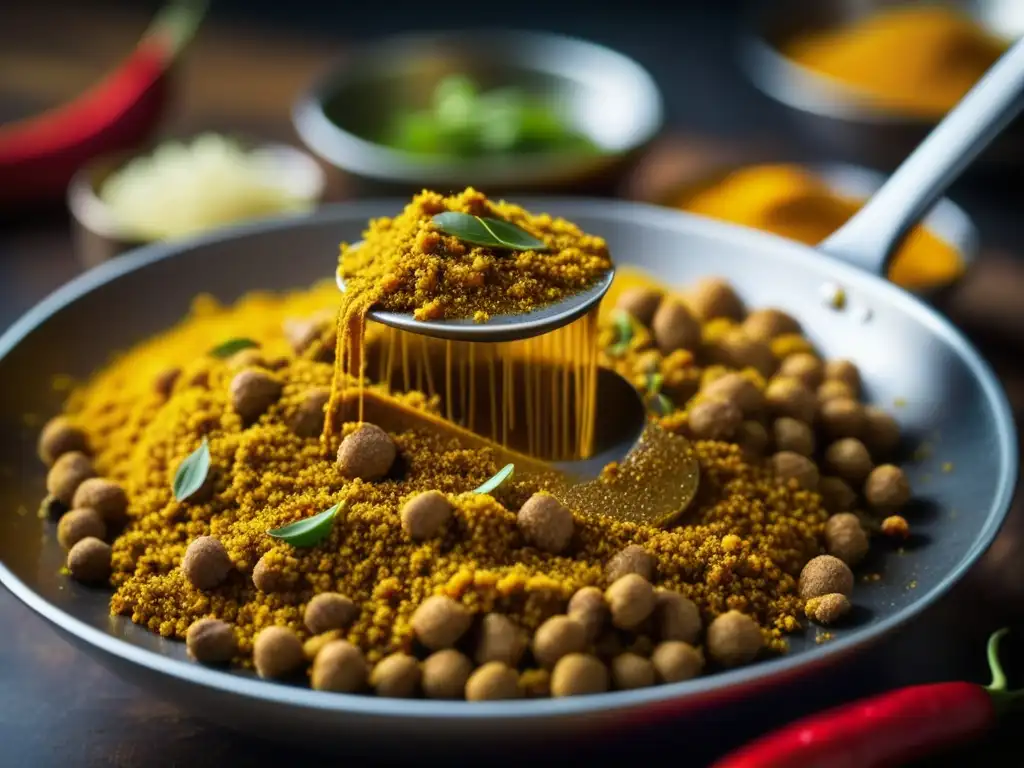 Delicadas especias mongoles esparcidas sobre curry indio en una cocina bulliciosa