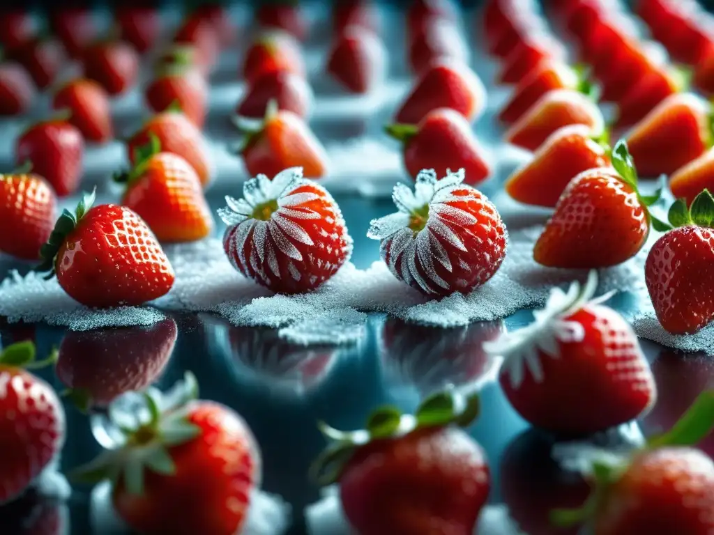 Delicadas formaciones de hielo en fresas frescas durante proceso de liofilización en máquina moderna