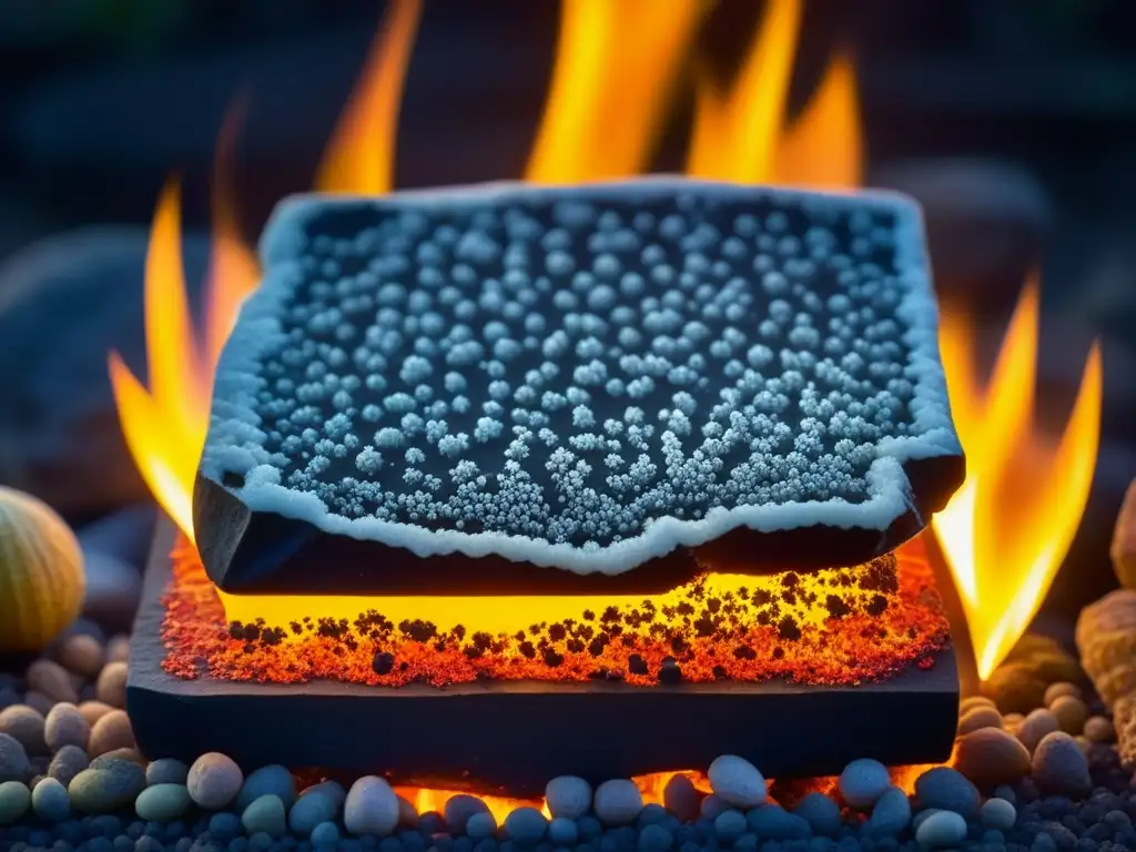 Delicadas formas de residuos carbonizados y cristales de sal en piedra caliente, reflejando el fuego