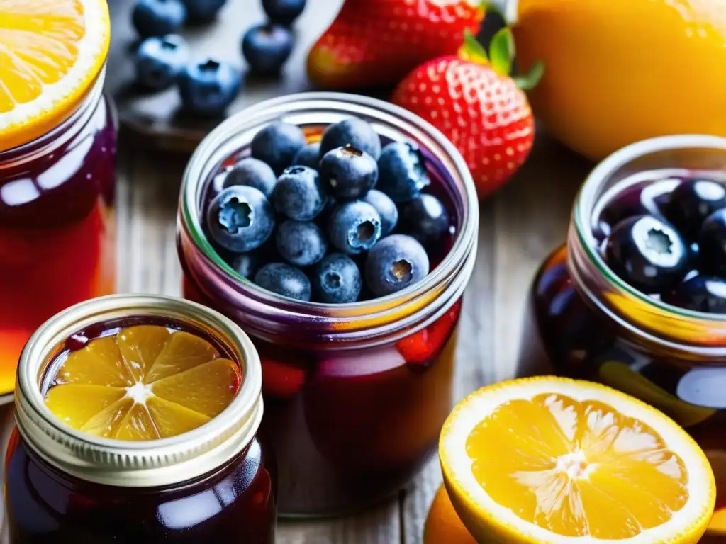 Delicadas frutas variadas en frascos de cristal con jarabe brillante, mostrando la historia y cultura de las mermeladas caseras