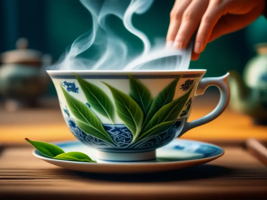 Delicadas hojas de té danzando en una taza de porcelana china, evocando tendencias té renacimiento tradiciones históricas