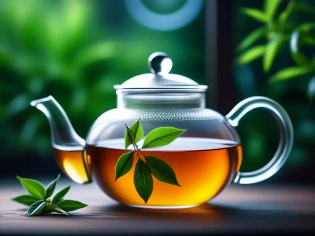 Delicadas hojas de té desplegándose en una tetera de vidrio, iluminadas por luz natural