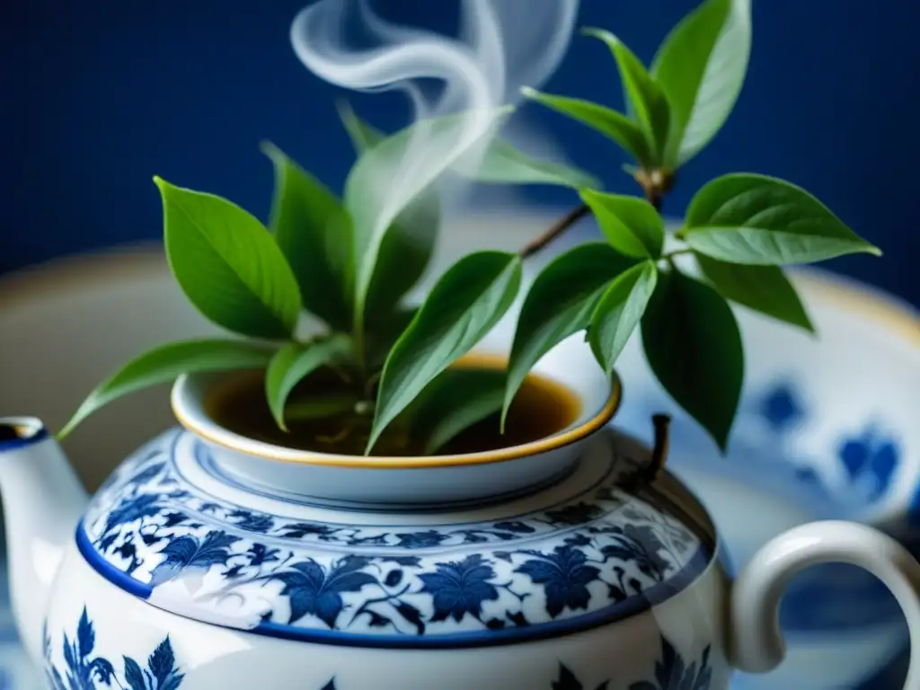 Delicadas hojas de té desplegándose en una tetera vietnamita, mostrando la Ceremonia del té en IndoChina