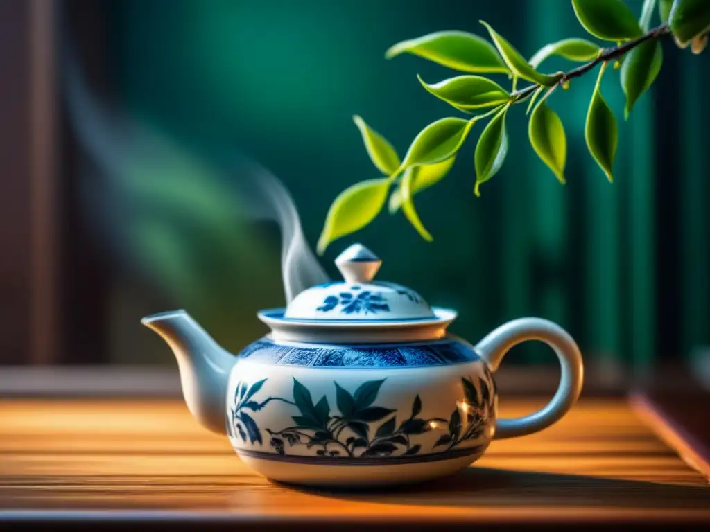 Delicadas hojas de té verde desplegándose en agua caliente en una tetera china, capturando la esencia y la historia del té en China