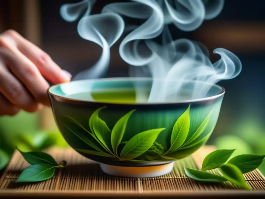 Delicadas hojas de té verde desplegándose en una taza de ceremonia japonesa, mostrando la belleza y diversidad del té