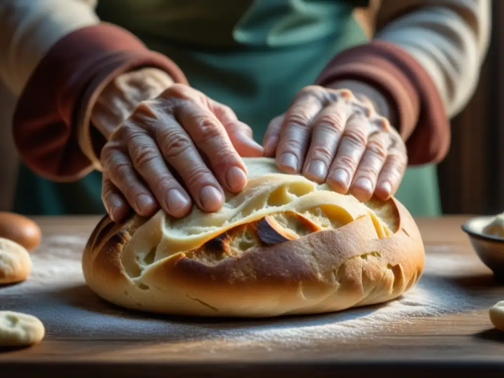 Delicadas manos de anciana amasan masa en mesa de madera, evocando recetas familiares Gran Depresión