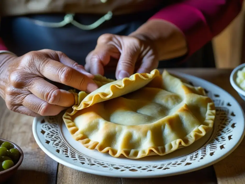 Delicadas manos expertas preparando una empanada de cordero en la Patagonia