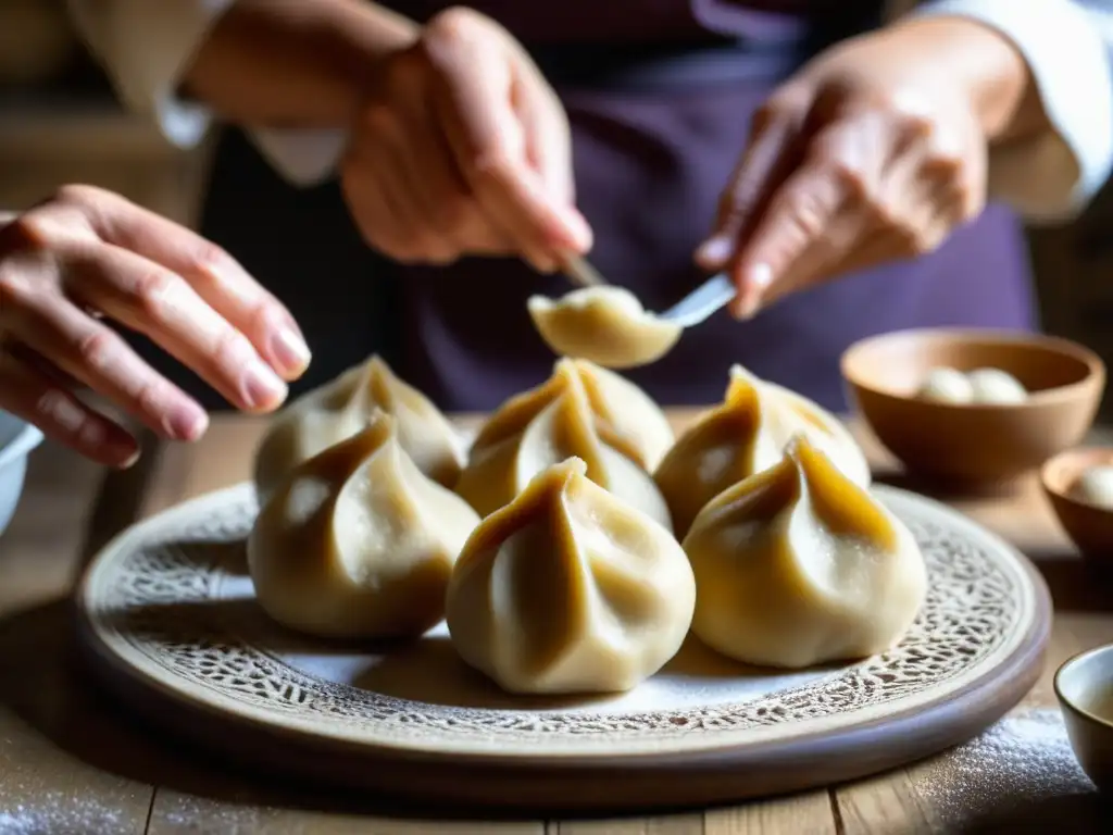 Delicadas manos moldeando knödel de ciruela en cocina tradicional, mostrando arte culinario