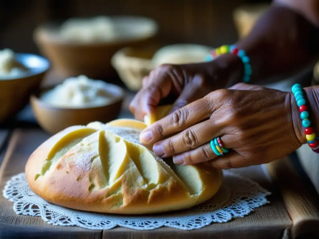 Delicadas manos amasando masa para pan de coco micronesio, con detalles de piel arrugada y textura de harina