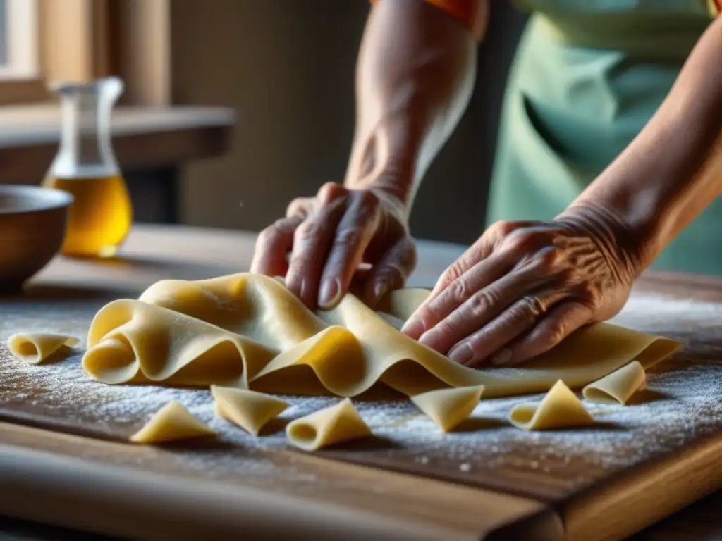 Delicadas manos de mujer italiana amasando pasta en cocina tradicional