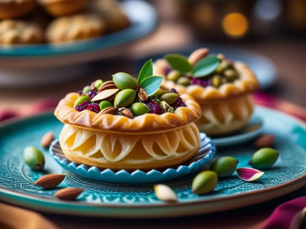 Delicadas pastas marroquíes en plato cerámico, resplandeciendo bajo luz natural