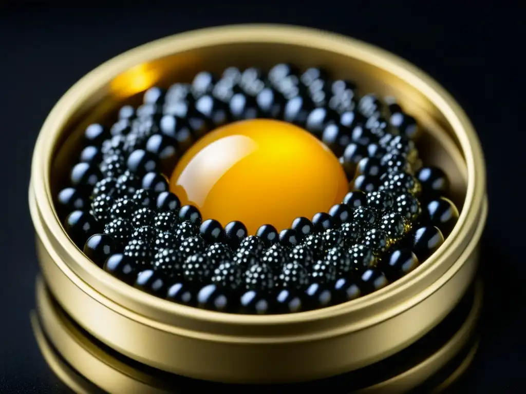 Delicadas perlas de caviar brillan en lata sobre fondo negro, destacando la opulenta textura