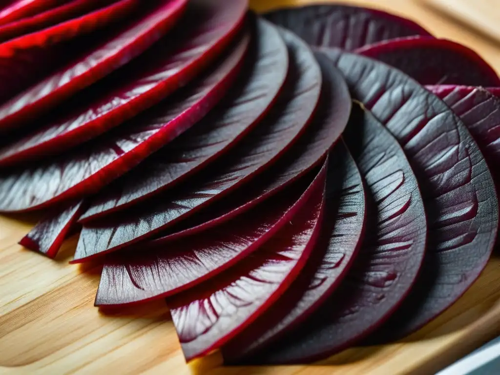 Delicadas remolachas rojas siendo cortadas en una tabla de madera para la Ensalada rusa receta histórica