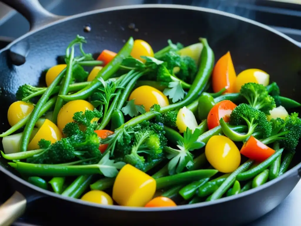 Delicadas verduras y hierbas salteadas en una sartén de hierro moderna, resaltando los sabores de una cocina fresca y vibrante