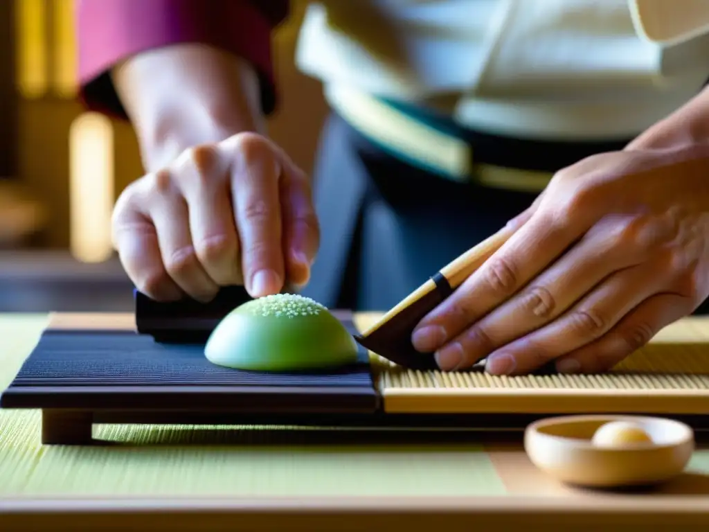 Delicadeza japonesa en la Era Meiji: Artesano de confiterías moldea un wagashi con maestría, en un entorno sereno y auténtico