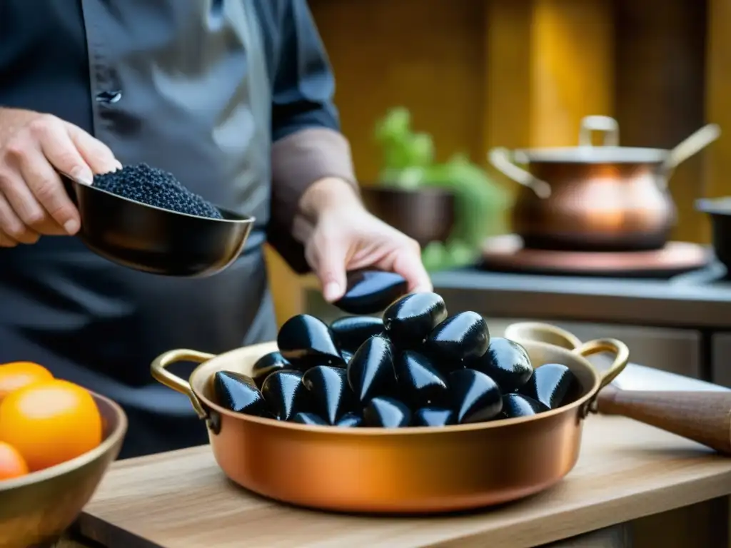 La delicadeza de un saco de tinta de calamar en manos de un chef, en una cocina mediterránea