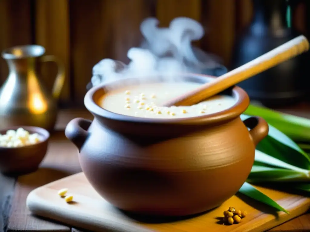 Delicado atole en olla de barro, con canela y maíz