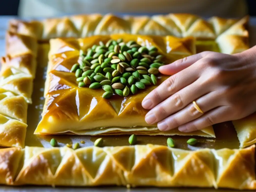 Un delicado baklava bizantino con phyllo dorado, pistachos y miel, muestra sabores imperiales