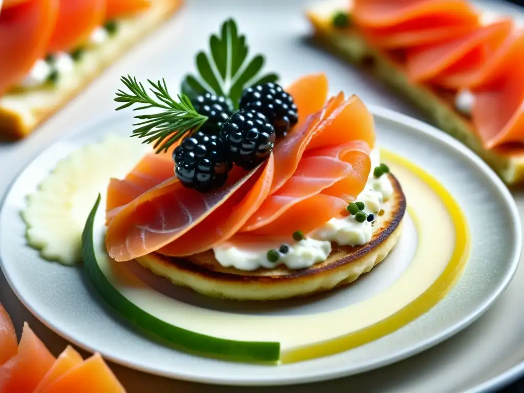 Delicado blini con influencia francesa y rusa: salmón, crème fraîche, caviar y fines herbes en una fusión de sabores y culturas