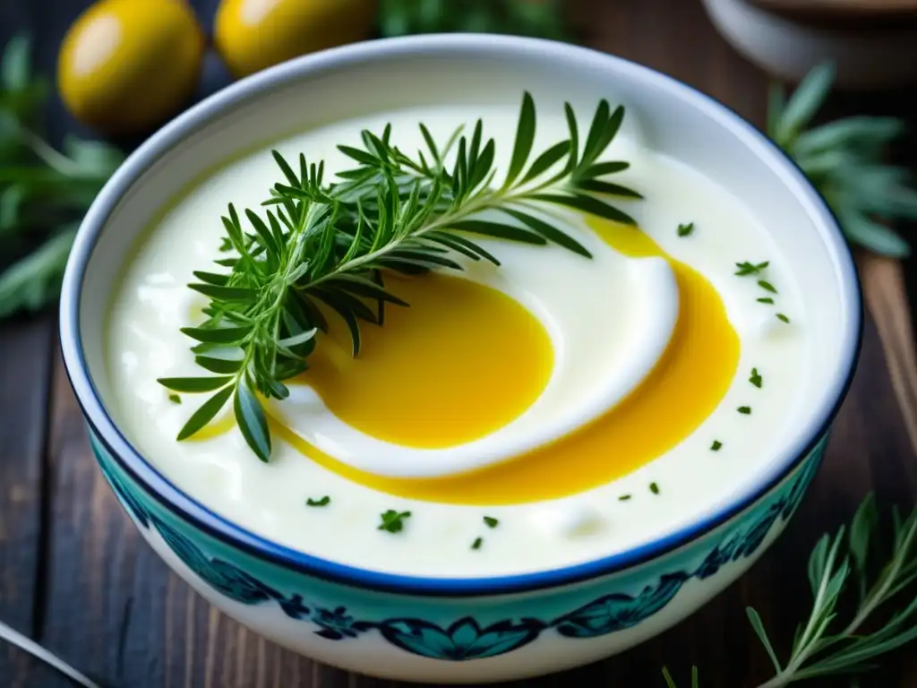 Delicioso yogur armenio en cuenco artesanal Delicado bol de cerámica con yogur armenio, hierbas frescas y aceite de oliva