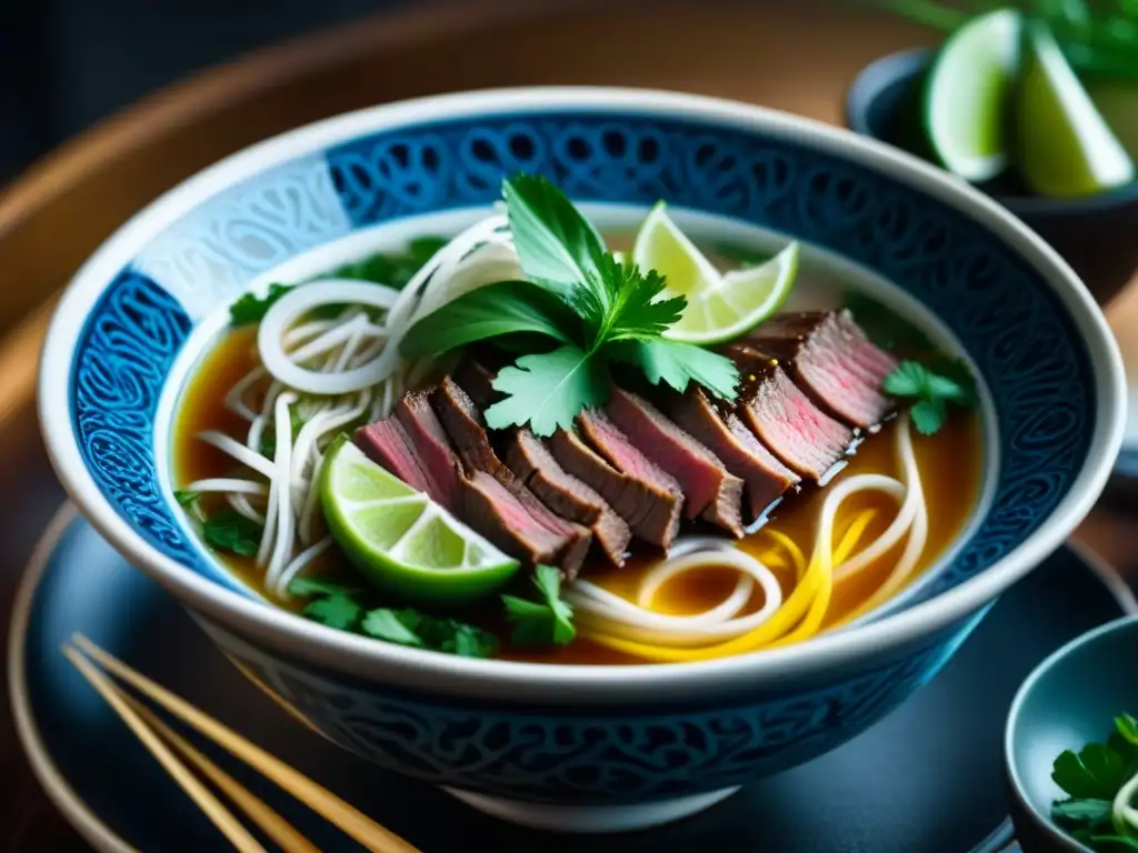 Delicado bol de pho vietnamita con capas de carne, brotes, hierbas y limón