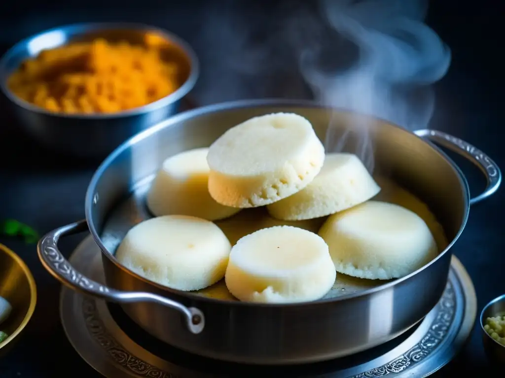 Delicado idli caliente levantándose con pinzas de metal de un vaporoso vapor, en cocina india