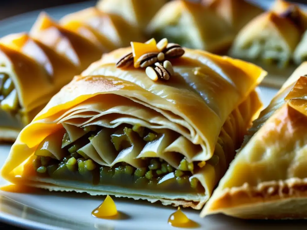 Un baklava delicado con capas de masa filo, nueces picadas y miel brillante