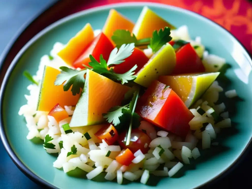 Delicado ceviche de trucha con adaptación andina, resaltando colores y sabores